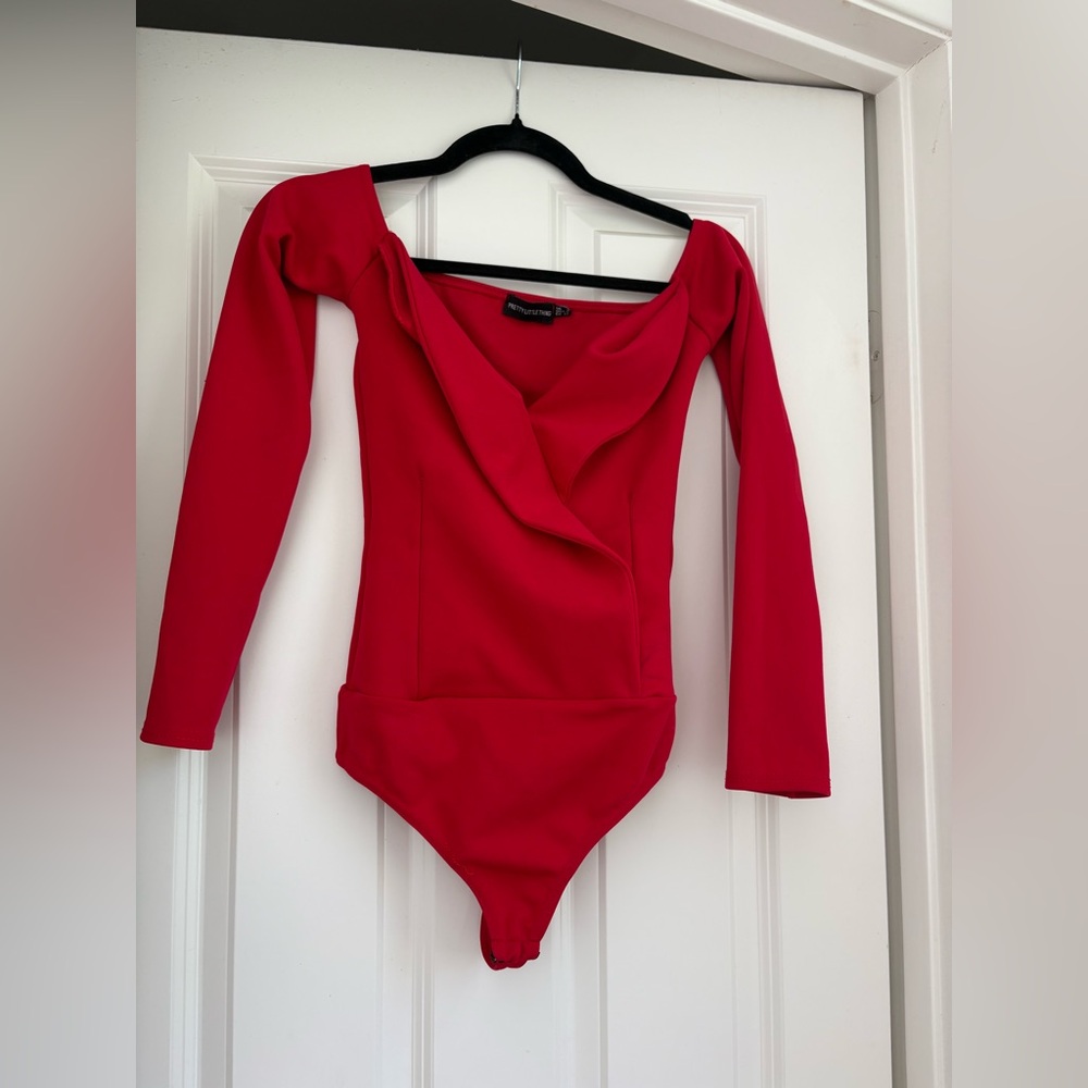PrettyLittleThing Red Off-Shoulder Long Sleeve Bodysuit